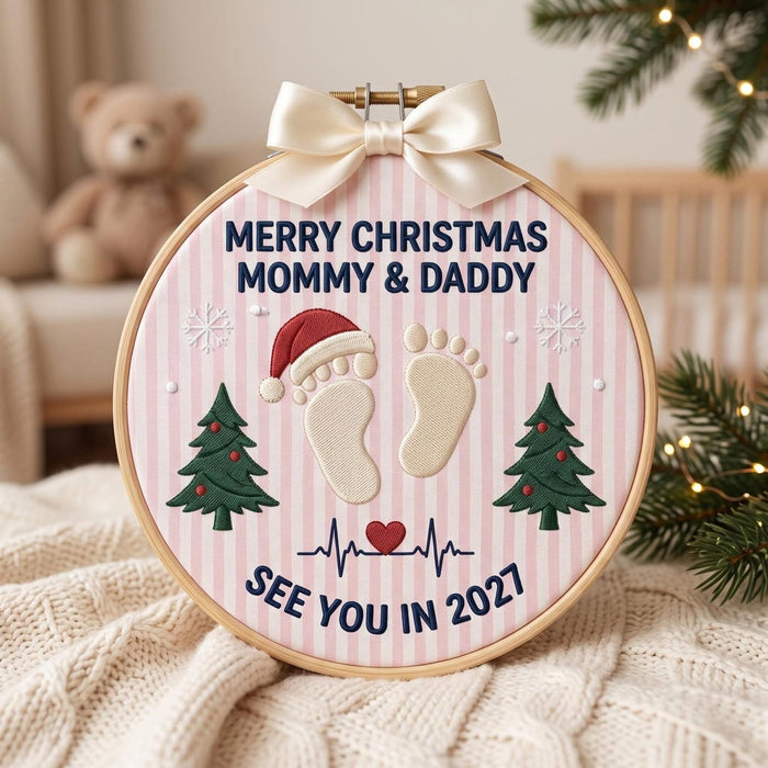 Personalized Pregnancy Announcement Baby Footprints Santa Hat Christmas Tree Heartbeat Embroidered Ornament