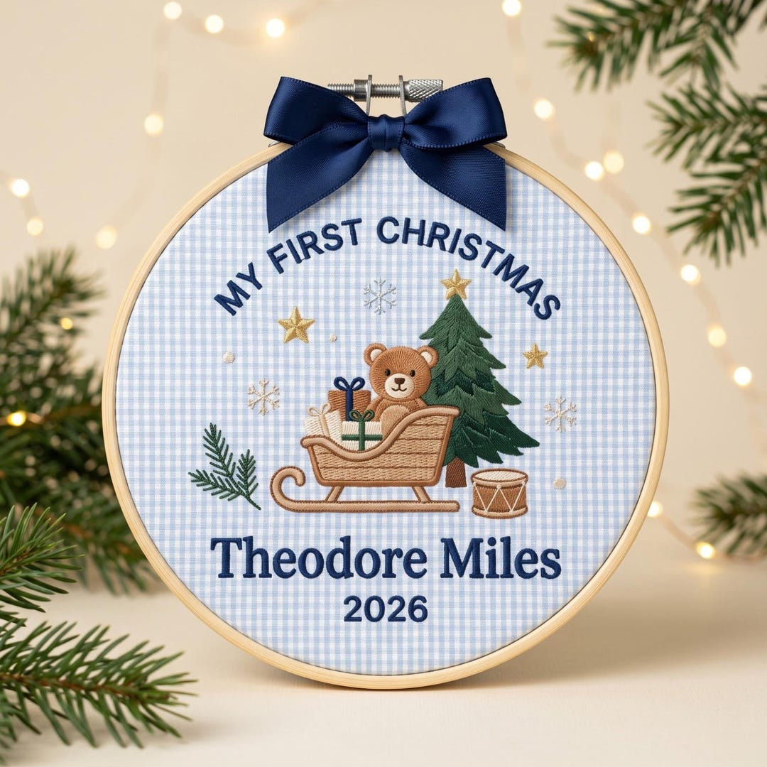 Personalized Baby First Christmas Teddy Bear Sleigh Christmas Tree Drum Custom Name 2026 Embroidered Ornament — Christmas ornament