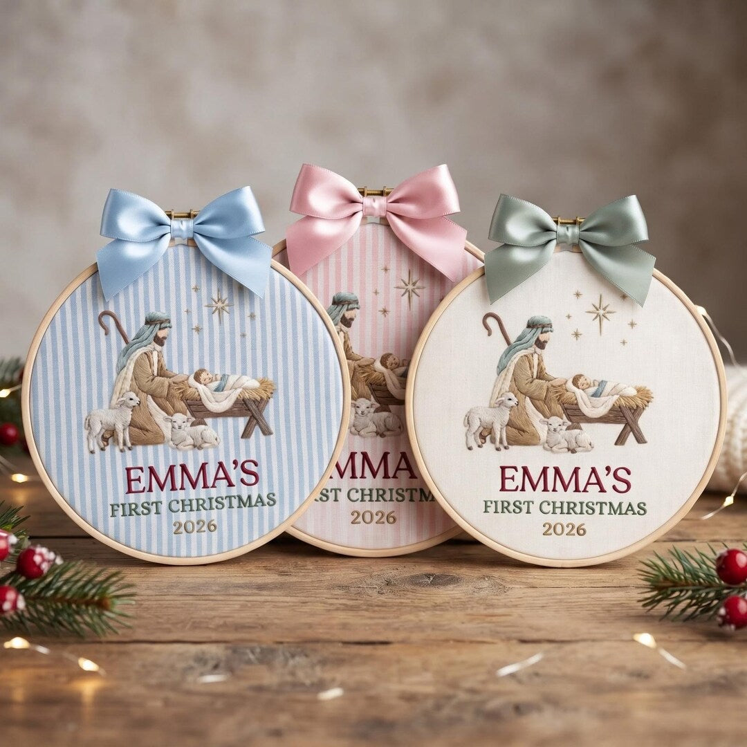 Personalized Baby First Christmas Nativity Scene Shepherd Lamb Star Custom Name 2026 Embroidered Ornament — Christmas ornament