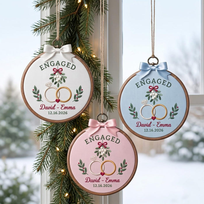 Personalized Engaged Couple Rings Mistletoe Holly Custom Names Date Christmas Embroidered Ornament
