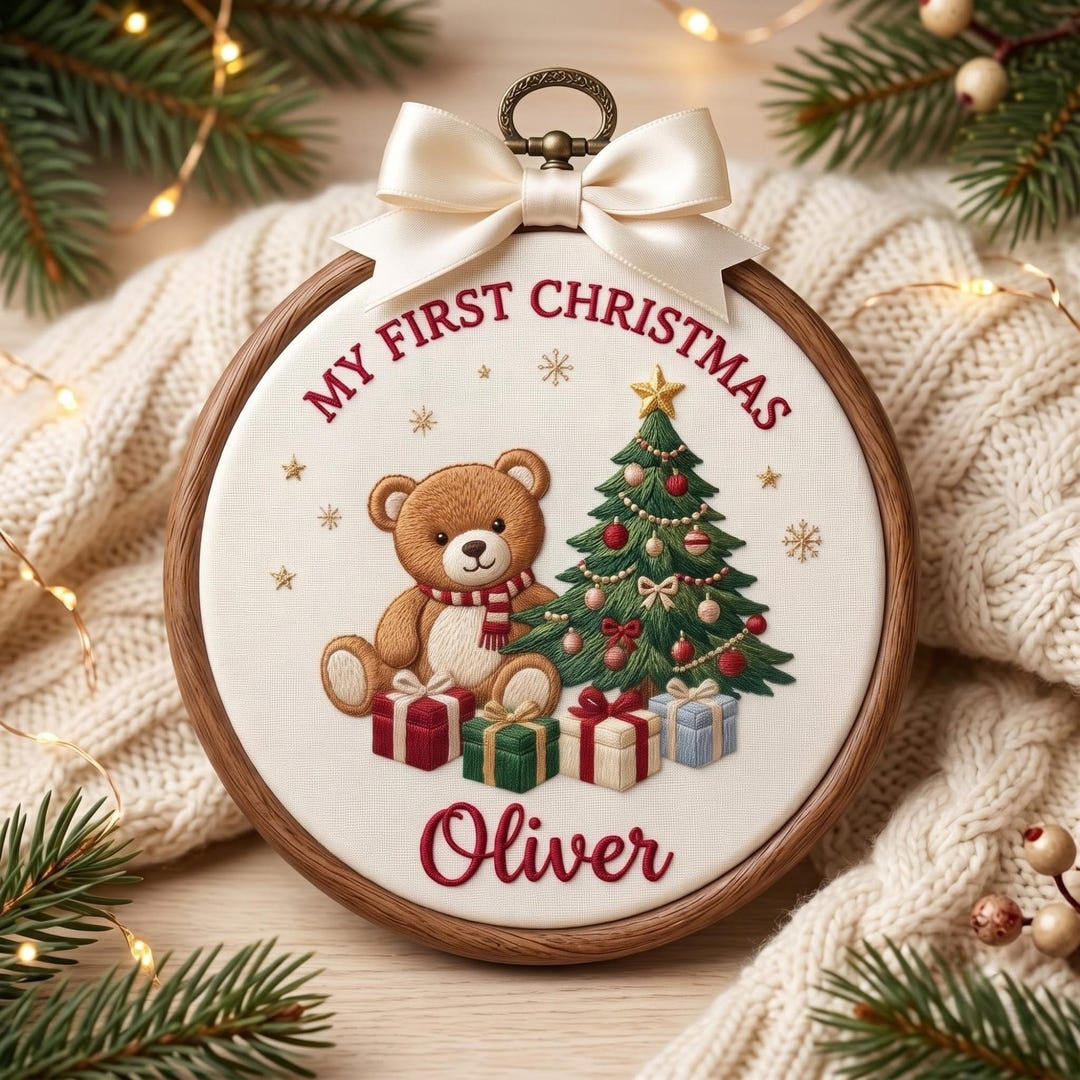 Personalized My First Christmas Teddy Bear Scarf Christmas Tree Gifts Custom Name Embroidered Ornament — Christmas ornament