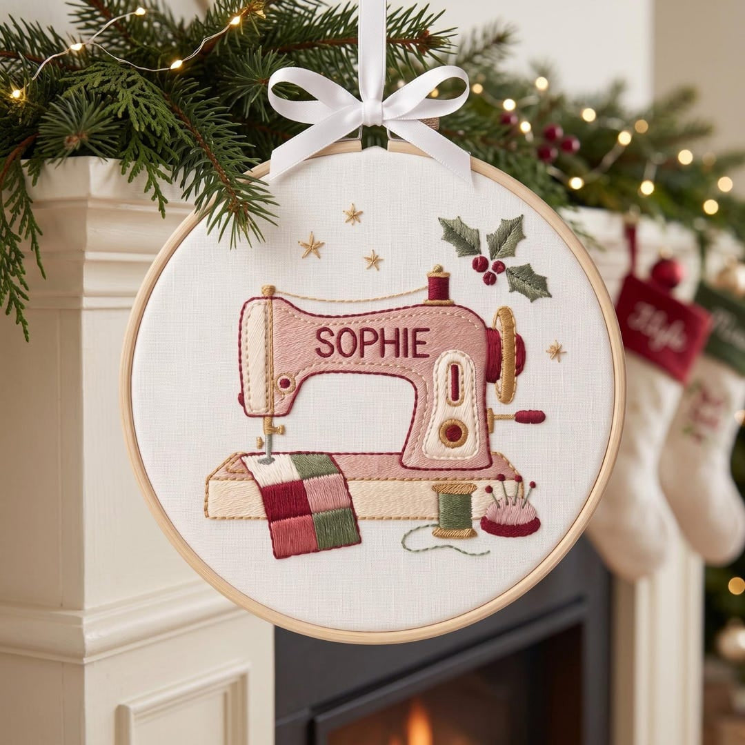 Personalized Sewing Machine Holly Christmas Custom Name Embroidered Ornament — Christmas ornament
