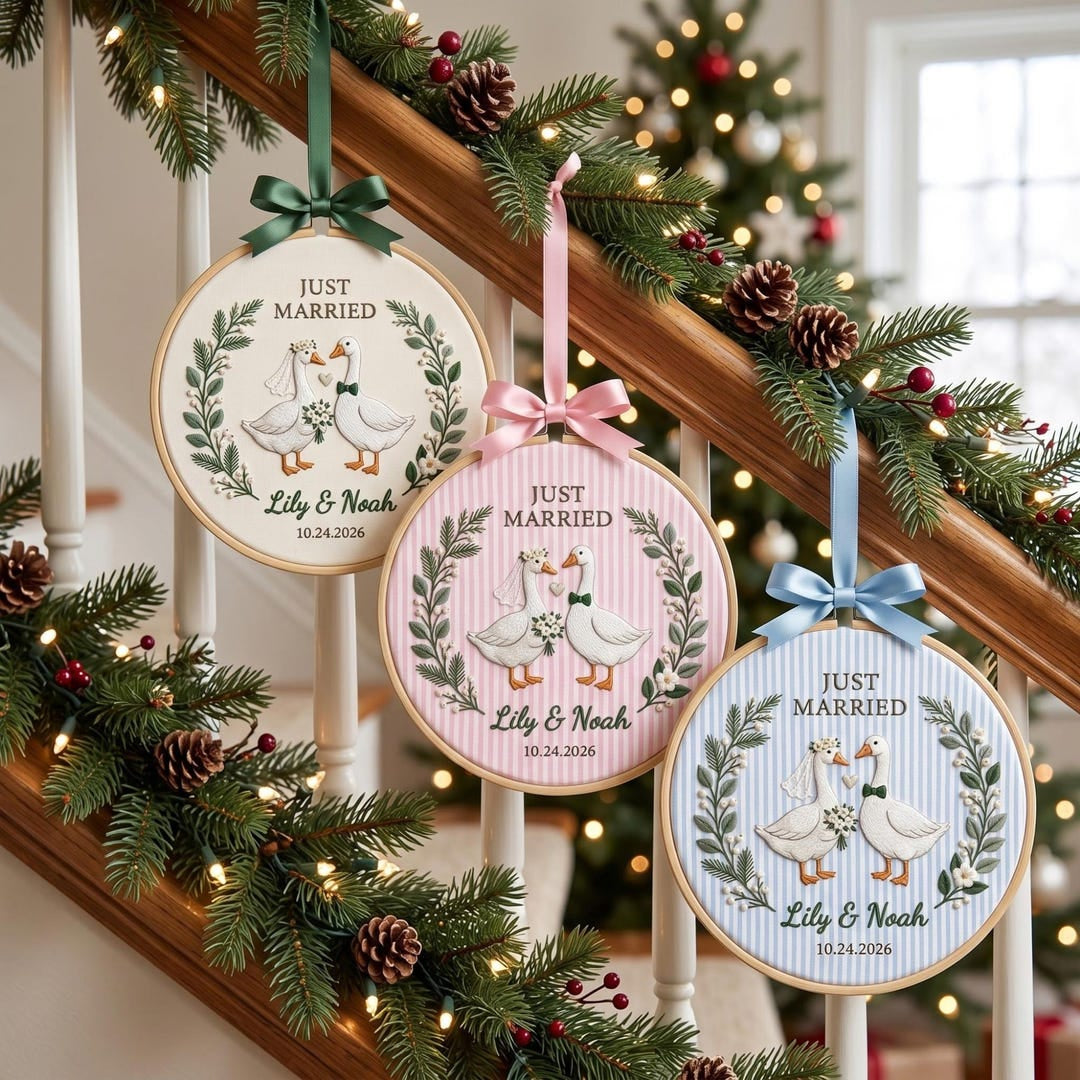 Personalized Just Married Goose Couple Wreath Custom Name Date Wedding Embroidered Ornament — Christmas ornament
