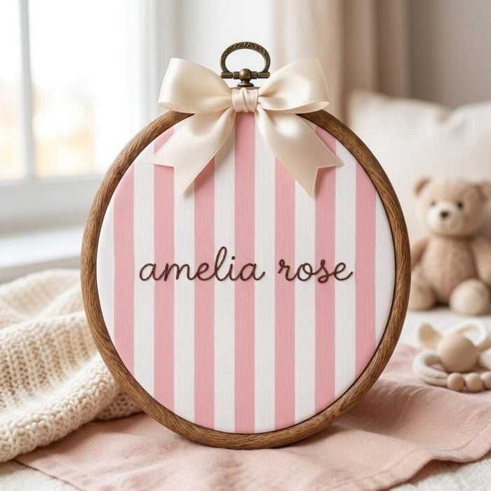 Personalized Baby Name Pink Stripe Bow Embroidered Ornament