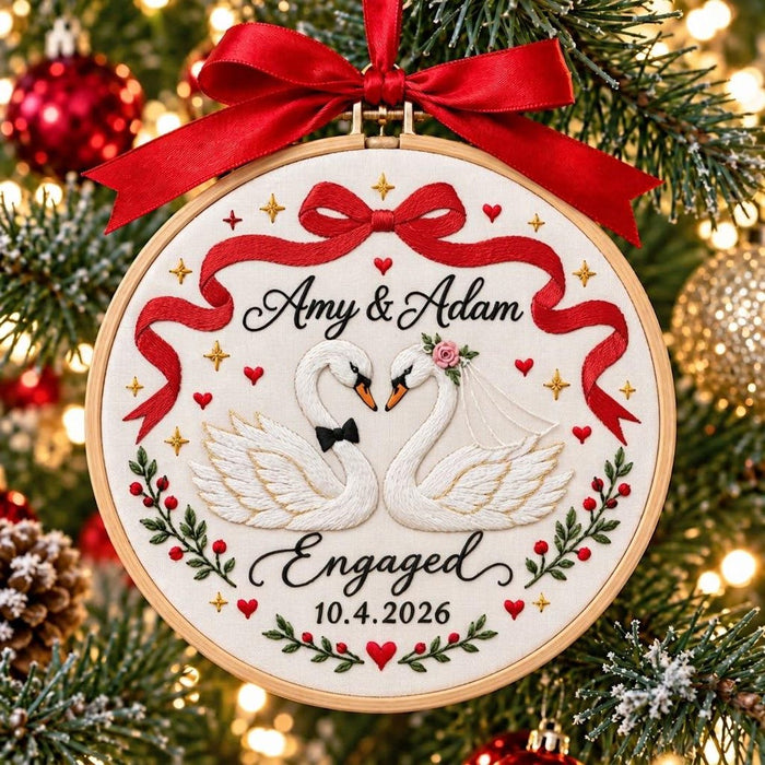 Personalized Engaged Swan Couple Bow Hearts Christmas Embroidered Ornament