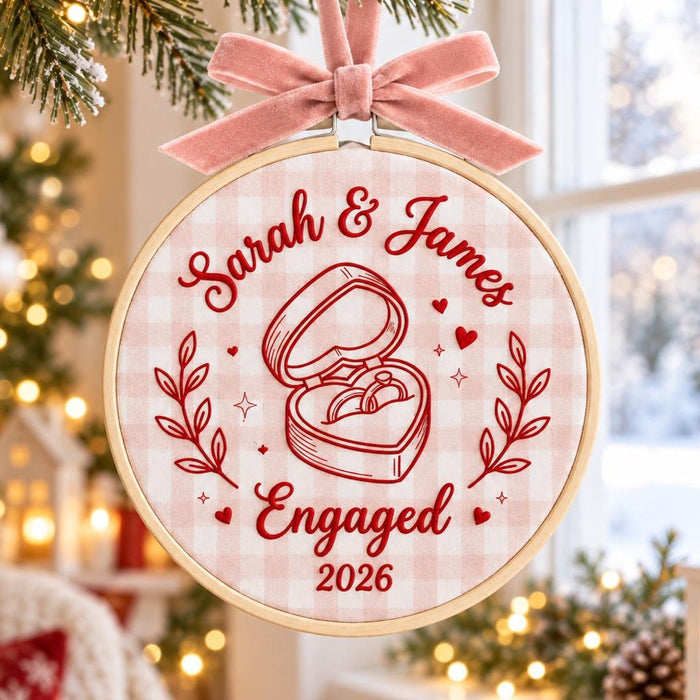 Personalized Engaged Couple Names Year Heart Ring Box Botanical Embroidered Ornament