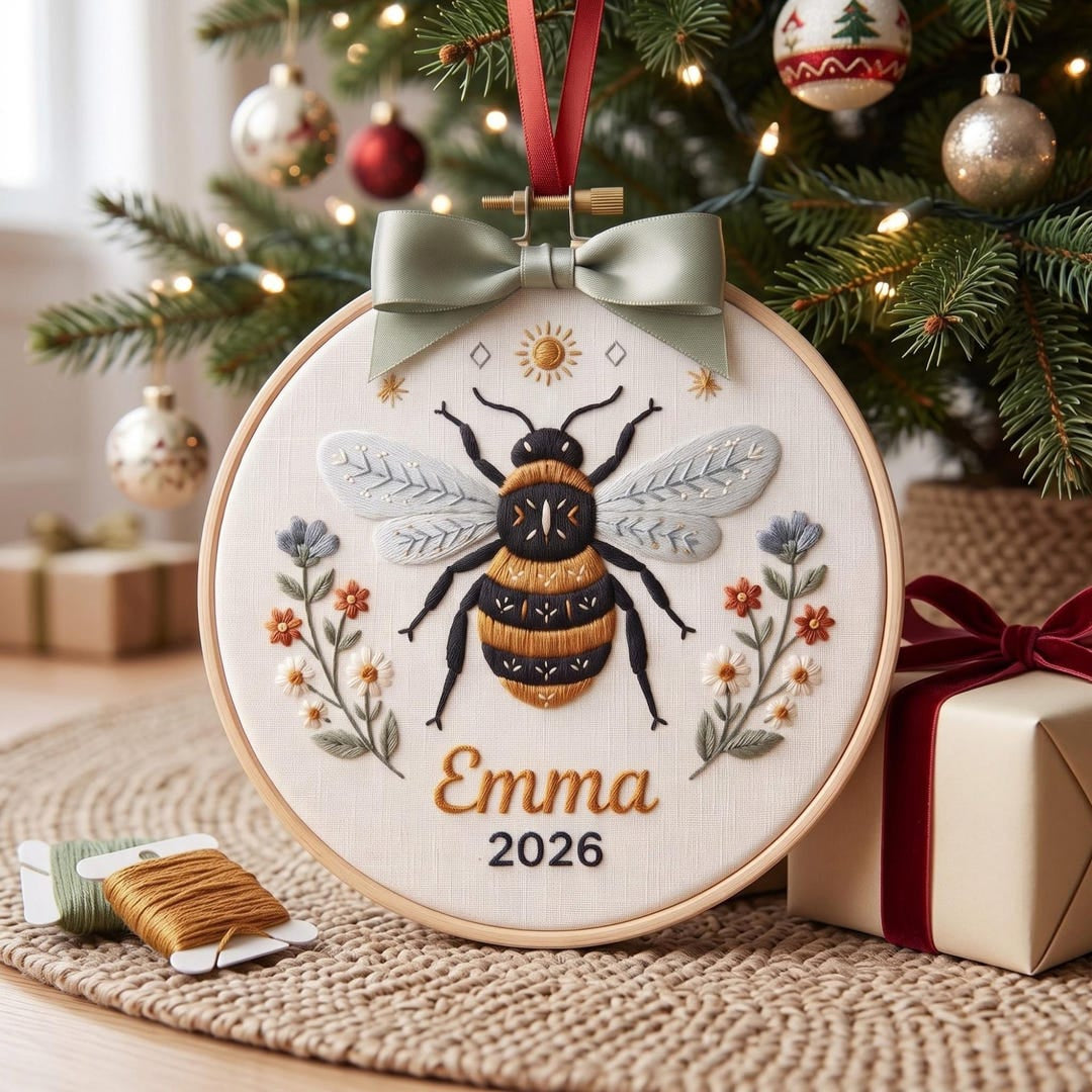 Personalized Bumble Bee Floral Wildflower Custom Name Year Christmas Embroidered Ornament — Christmas ornament