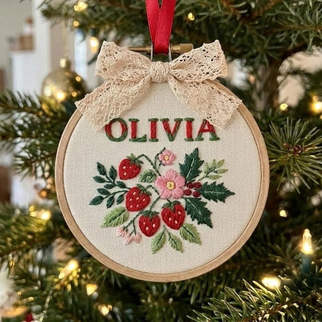 Personalized Strawberry Floral Bouquet Custom Name Christmas Embroidered Ornament — Christmas ornament