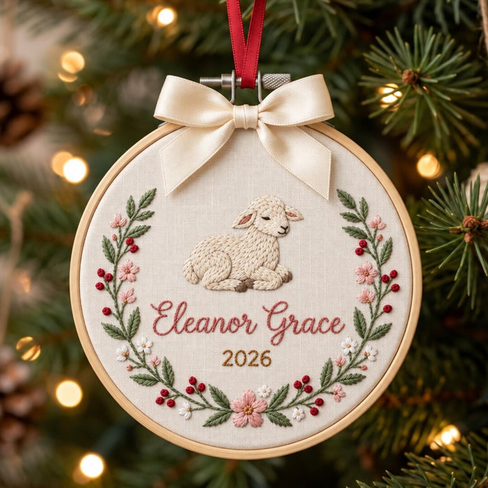 Personalized Lamb Floral Wreath Christmas Name Year Embroidered Ornament