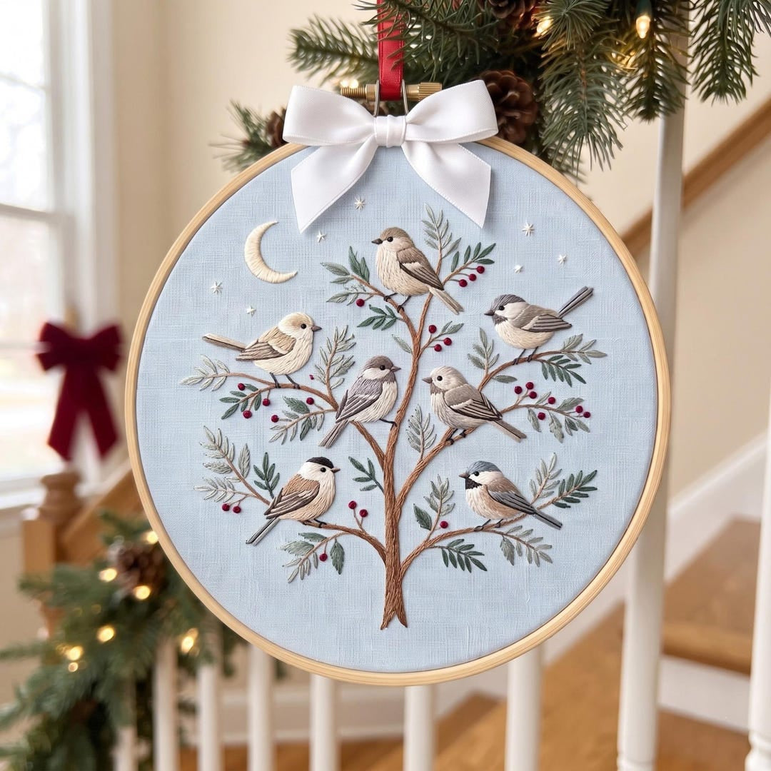 Personalized Winter Birds Tree Chickadee Berry Branch Moon Custom Name Christmas Embroidered Ornament — Christmas ornament
