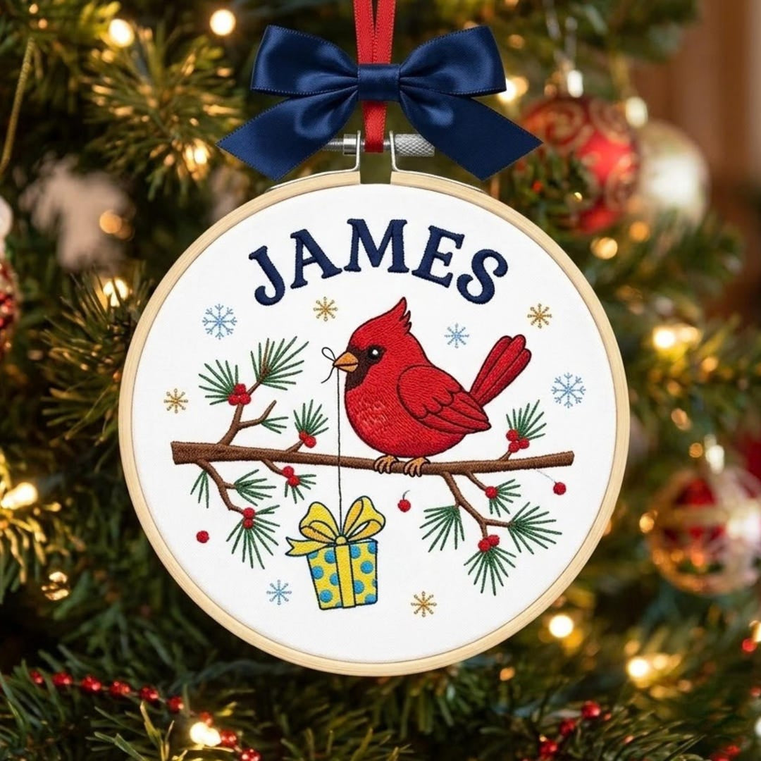 Personalized Cardinal Bird Holly Branch Gift Christmas Custom Name Embroidered Ornament — Christmas ornament