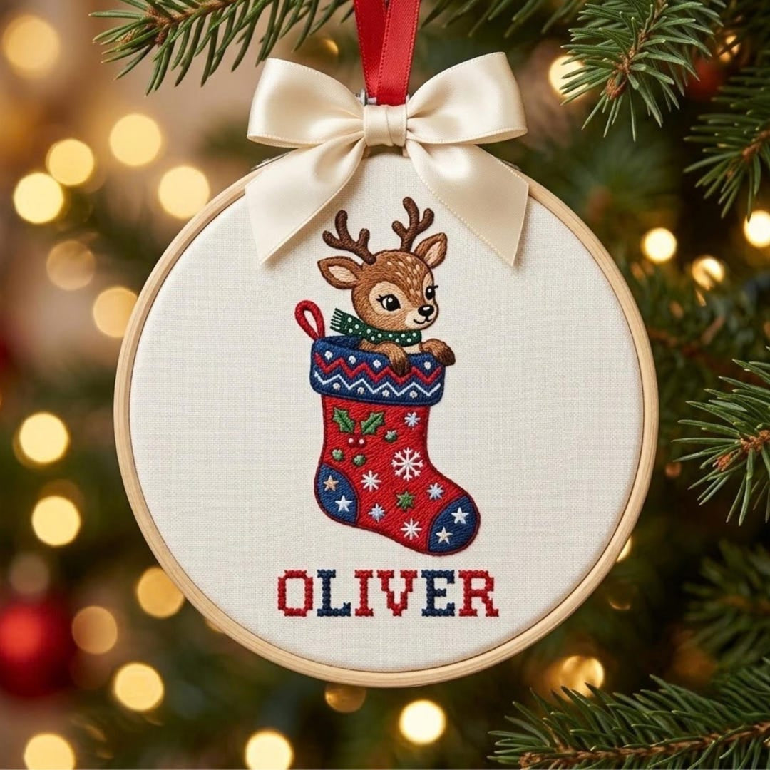 Personalized Baby Reindeer Christmas Stocking Holly Snowflake Custom Name Embroidered Ornament — Christmas ornament