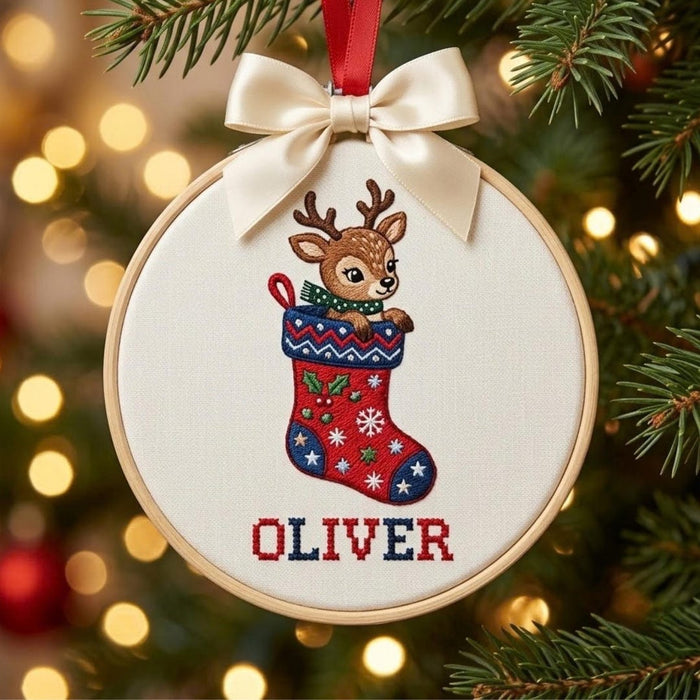 Personalized Baby Reindeer Christmas Stocking Holly Snowflake Custom Name Embroidered Ornament