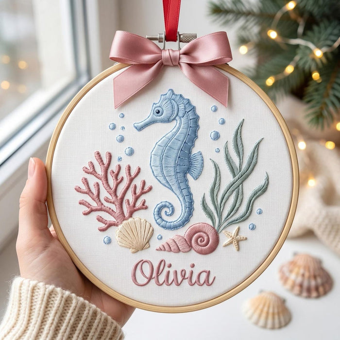 Personalized Seahorse Coral Seashells Ocean Coastal Christmas Custom Name Embroidered Ornament