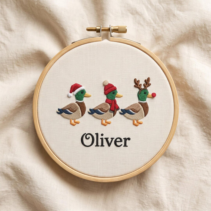 Personalized Three Christmas Ducks Santa Reindeer Scarf Custom Name Embroidered Ornament