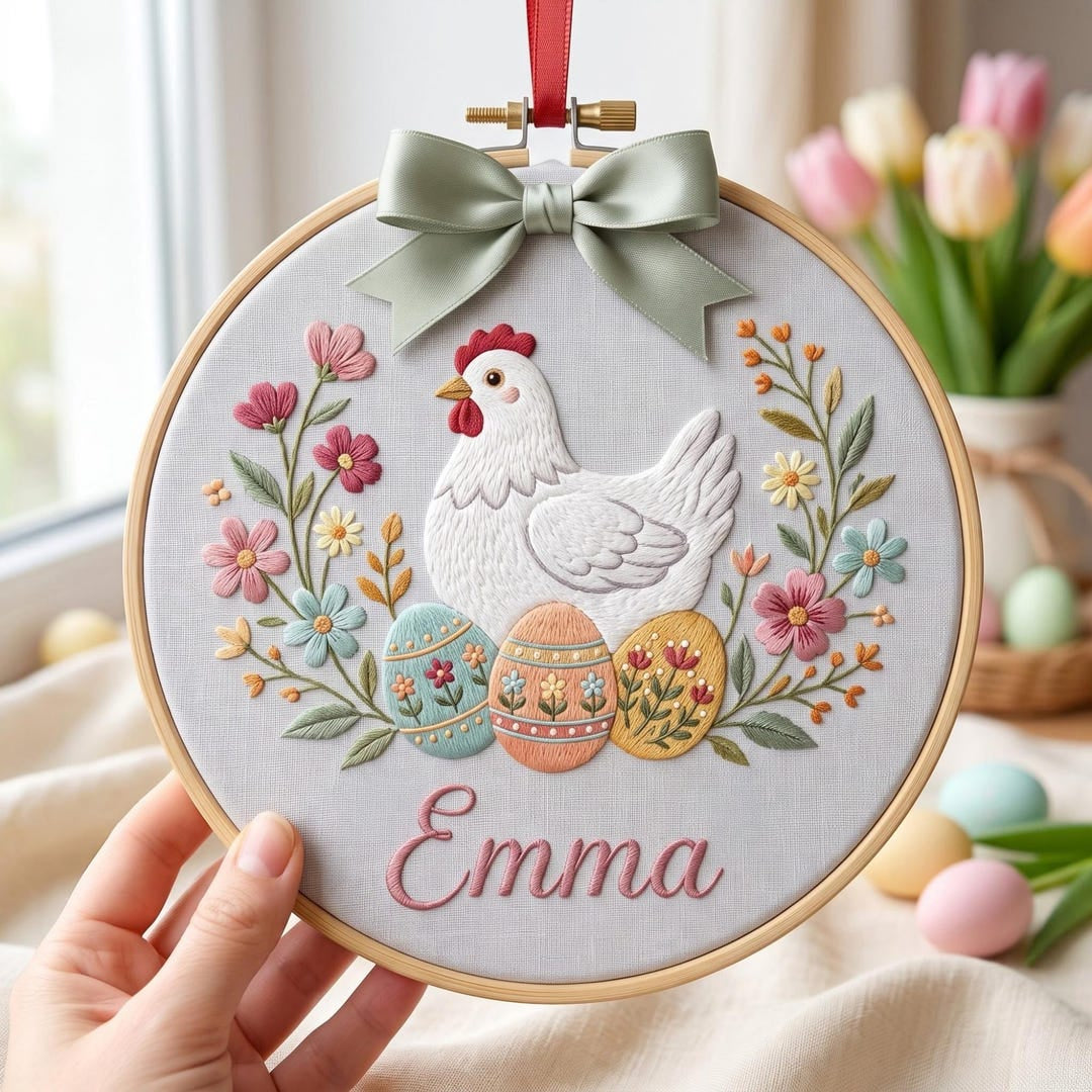 Personalized Easter Chicken Hen Floral Eggs Custom Name Embroidered Christmas Ornament — Christmas ornament
