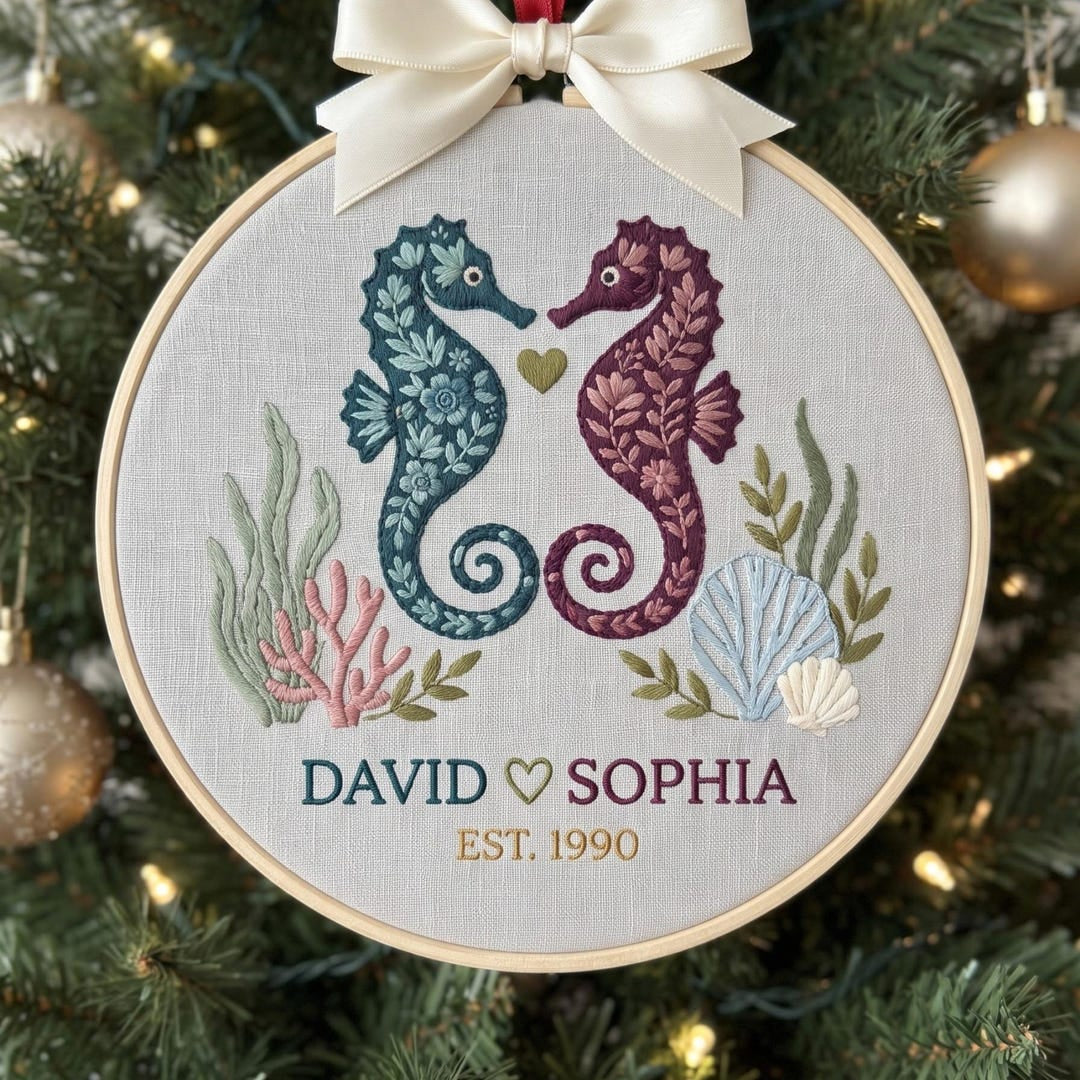 Personalized Seahorse Couple Floral Ocean Custom Name Year Anniversary Christmas Embroidered Ornament — Christmas ornament