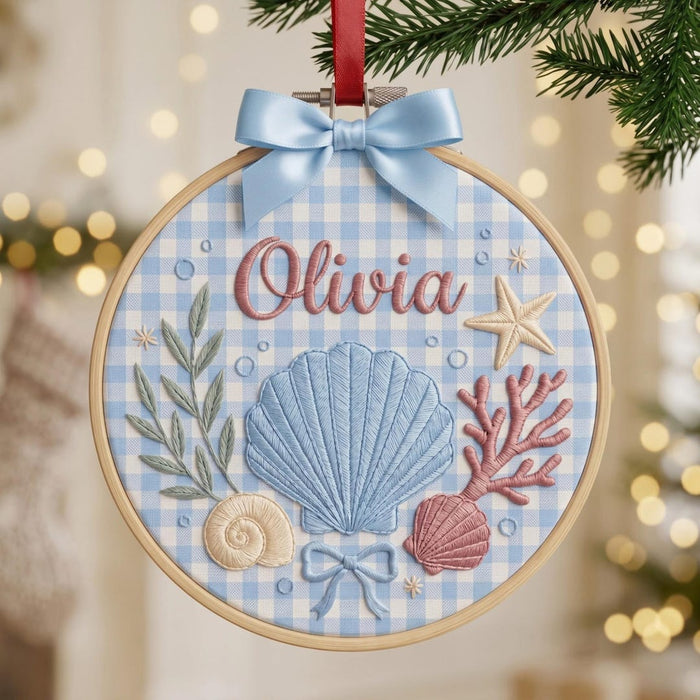 Personalized Seashell Coral Starfish Coastal Beach Coquette Bow Custom Name Christmas Embroidered Ornament