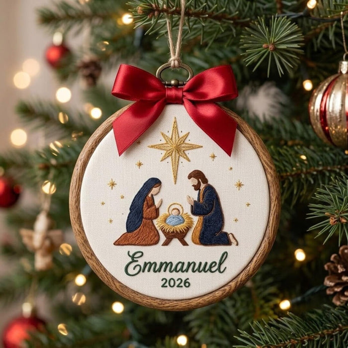 Personalized Nativity Scene Holy Family Star Emmanuel Christian Christmas Custom Name Year Embroidered Ornament