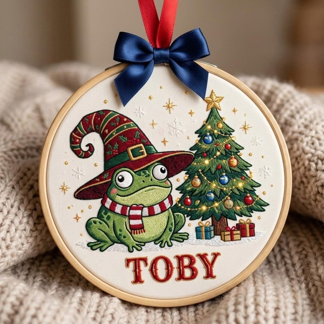 Personalized Christmas Frog Witch Hat Scarf Tree Custom Name Embroidered Ornament — Christmas ornament