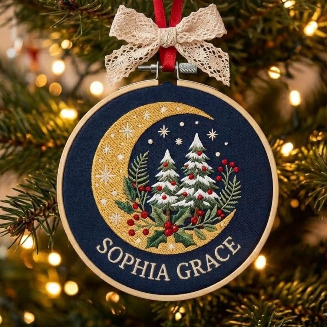 Personalized Christmas Moon Crescent Snow Trees Holly Berry Custom Name Embroidered Ornament — Christmas ornament