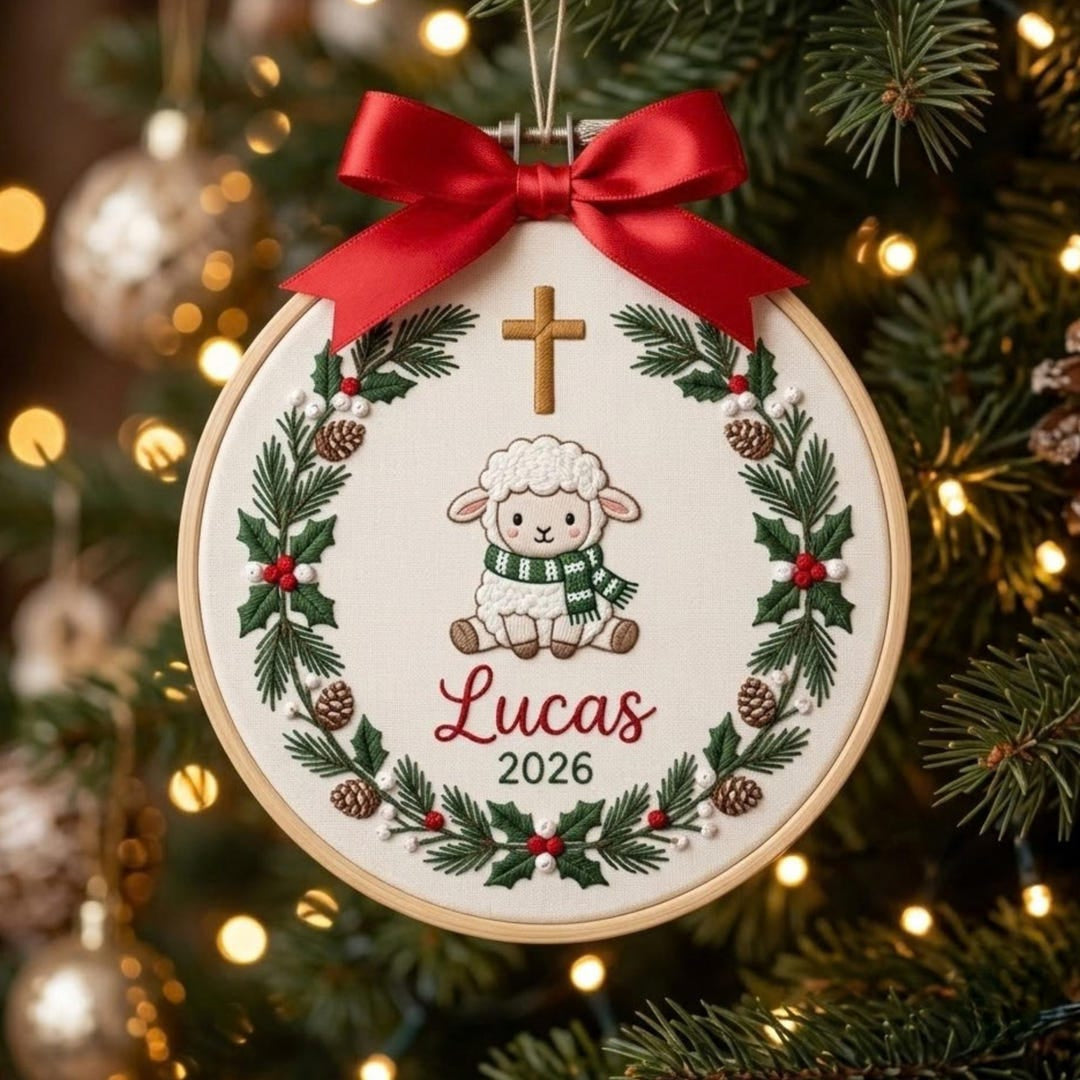 Personalized Christian Lamb Cross Holly Wreath Custom Name Year Christmas Embroidered Ornament — Christmas ornament