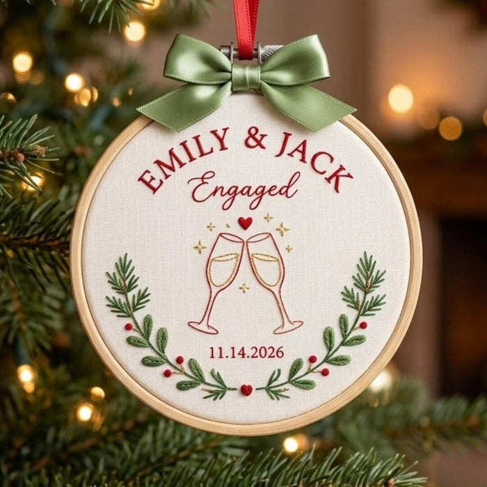 Personalized Engaged Couple Champagne Toast Pine Wreath Custom Names Date Christmas Embroidered Ornament