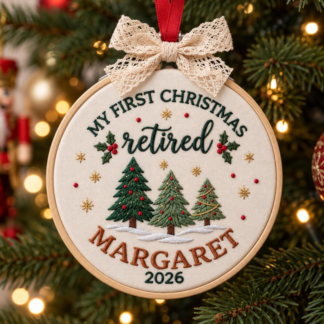 Personalized My First Christmas Retired Three Pine Trees Custom Name 2026 Embroidered Ornament — Christmas ornament