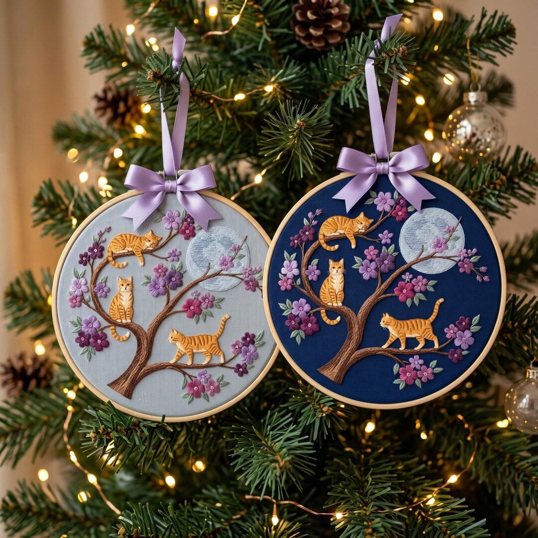 Personalized Orange Tabby Cat Floral Cherry Blossom Moon Tree Custom Name Christmas Embroidered Ornament — Christmas ornament
