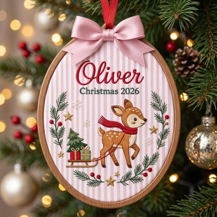 Personalized Baby Deer Sled Christmas Tree Holly Berry Wreath Custom Name Year Embroidered Ornament