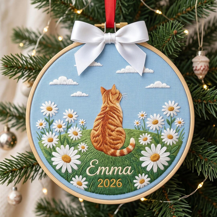 Personalized Orange Tabby Cat Daisy Field Sky Clouds Custom Name Year Christmas Embroidered Ornament
