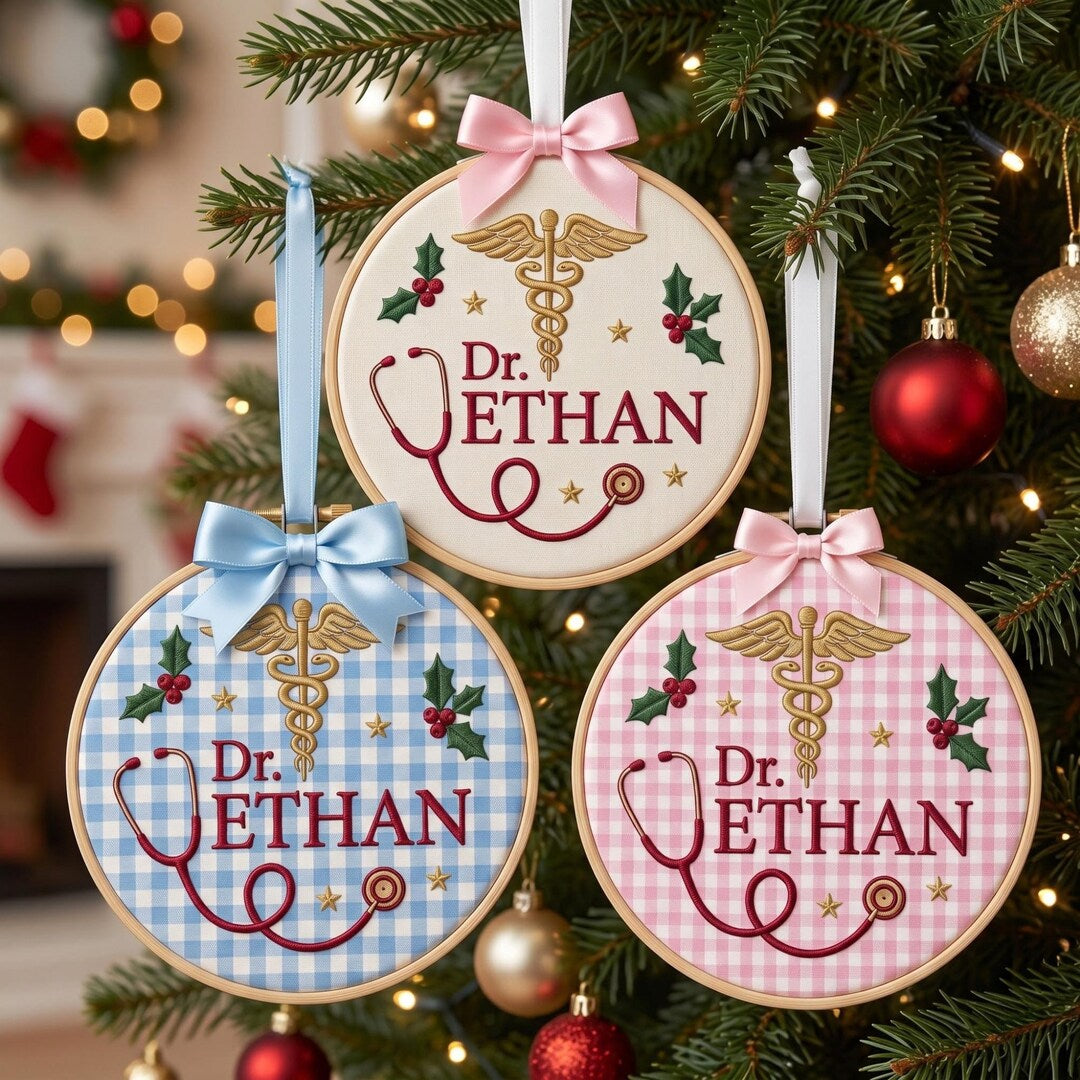 Personalized Doctor Caduceus Stethoscope Holly Christmas Custom Name Embroidered Ornament — Christmas ornament