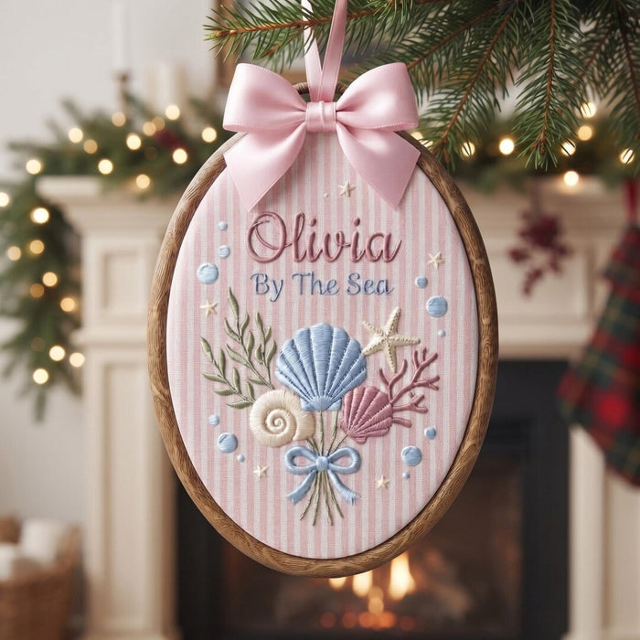 Personalized Seashell Bouquet Starfish Coral Coquette Bow By The Sea Custom Name Christmas Embroidered Ornament