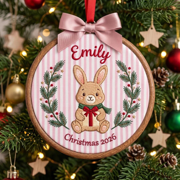 Personalized Bunny Christmas Wreath Pine Berries Custom Name Year Embroidered Ornament