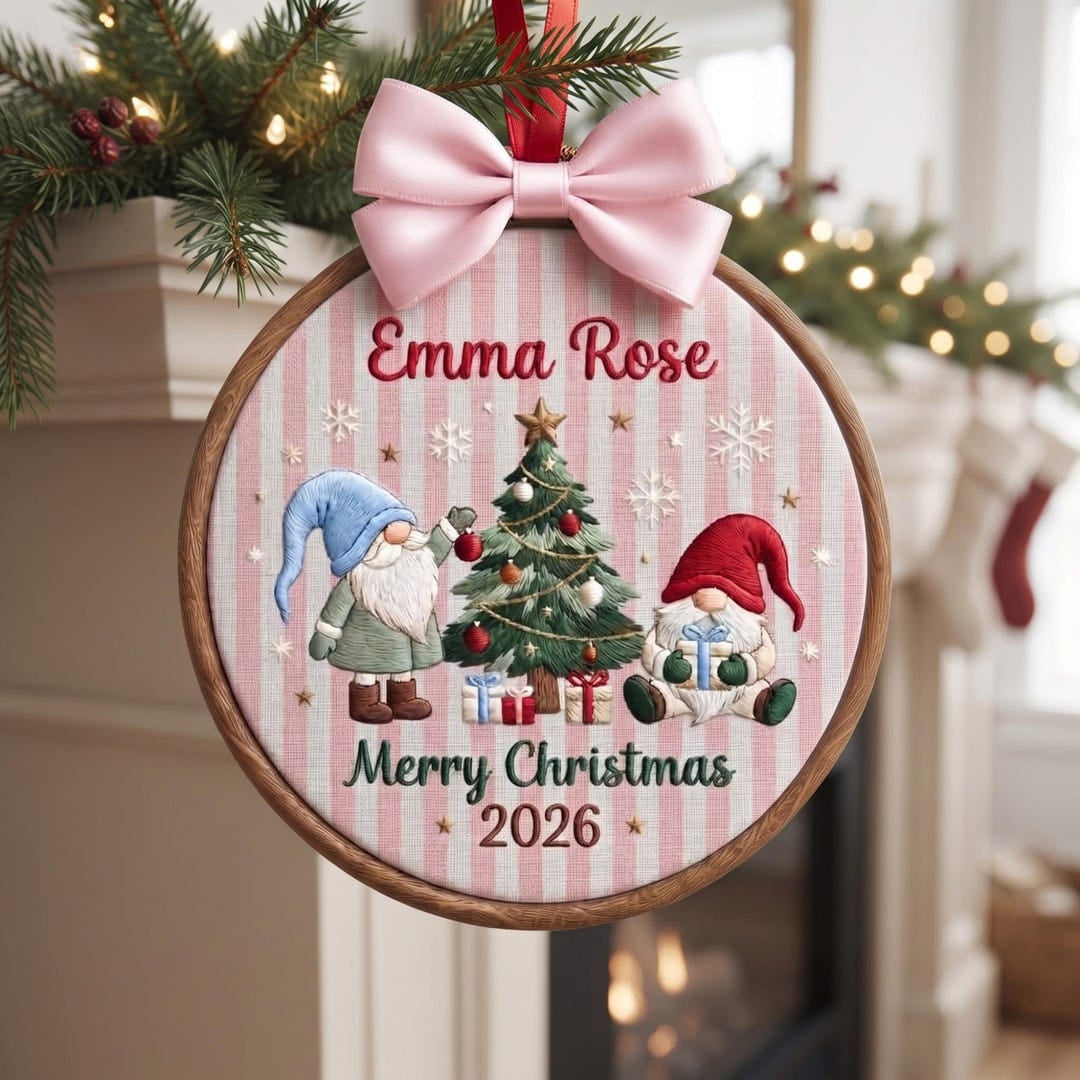 Personalized Christmas Gnome Pair Tree Merry Christmas Custom Name Year Embroidered Ornament — Christmas ornament