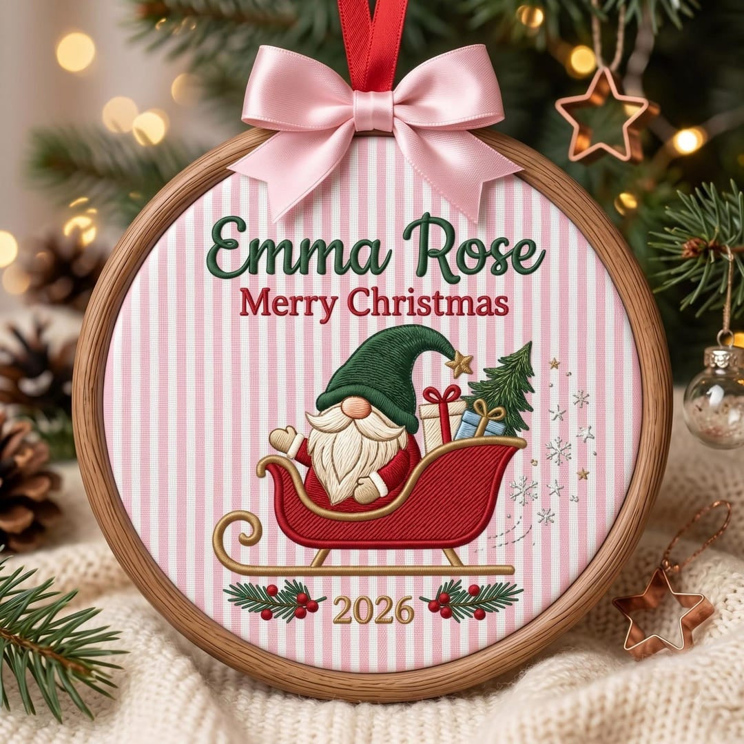 Personalized Christmas Gnome Sleigh Gifts Tree Custom Name Year Embroidered Ornament — Christmas ornament