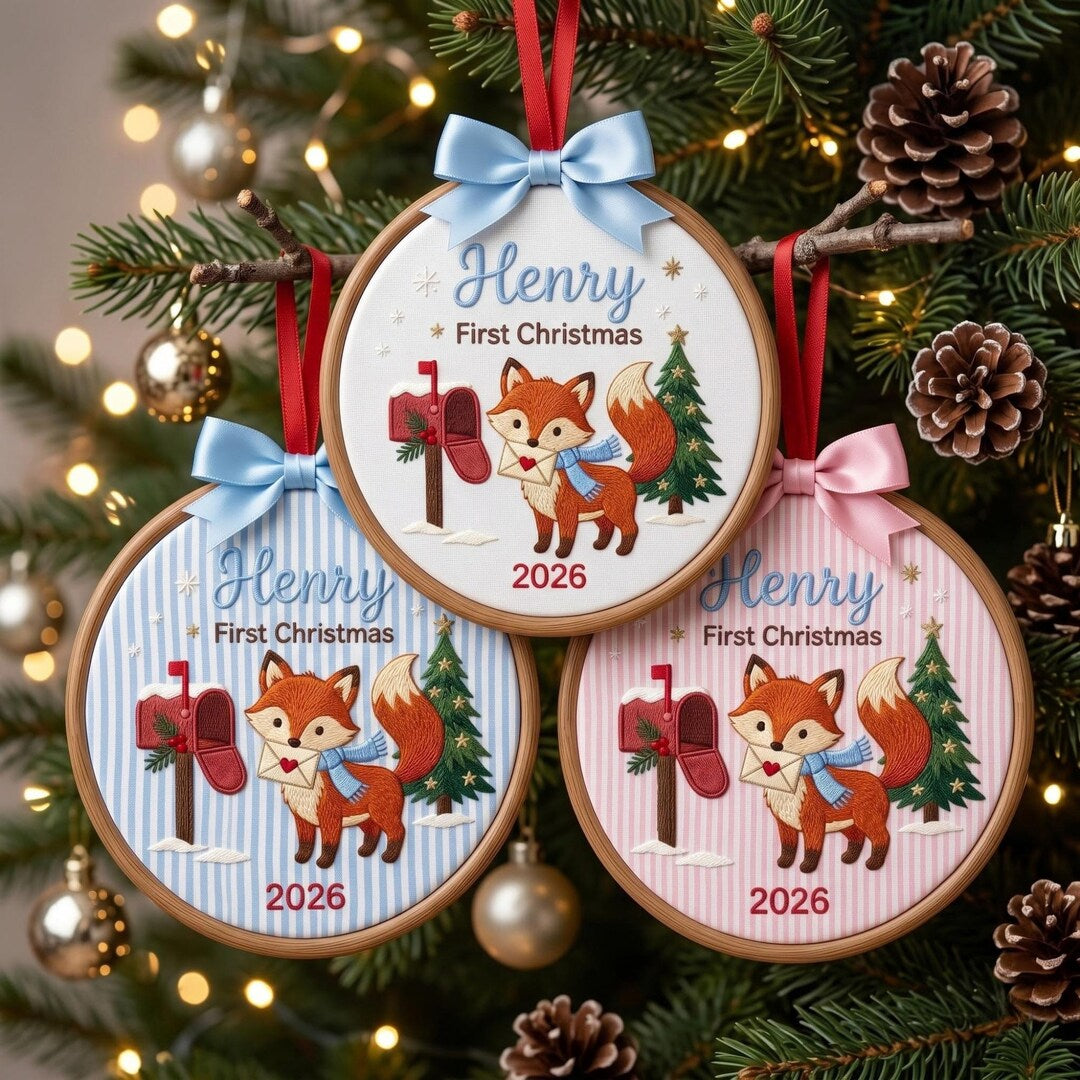 Personalized Baby First Christmas Fox Mailbox Letter Scarf Tree Custom Name 2026 Embroidered Ornament — Christmas ornament