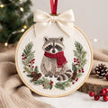 Personalized Raccoon Red Scarf Christmas Wreath Holly Berry Custom Name Embroidered Ornament — Christmas ornament