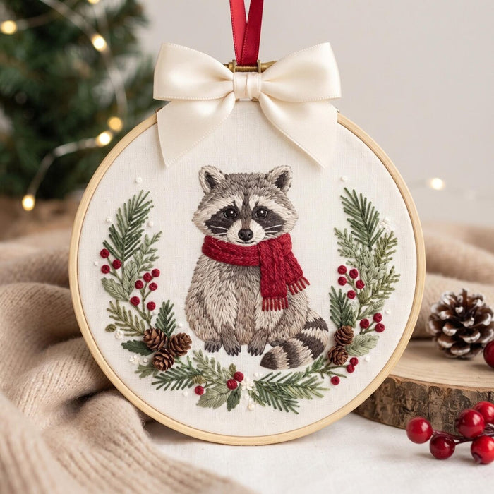 Personalized Raccoon Red Scarf Christmas Wreath Holly Berry Custom Name Embroidered Ornament