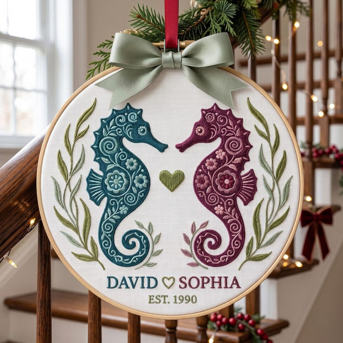 Personalized Seahorse Couple Floral Heart EST Year Custom Name Christmas Embroidered Ornament