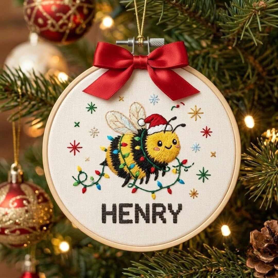 Personalized Christmas Bumble Bee Santa Hat Fairy Lights Custom Name Embroidered Ornament — Christmas ornament