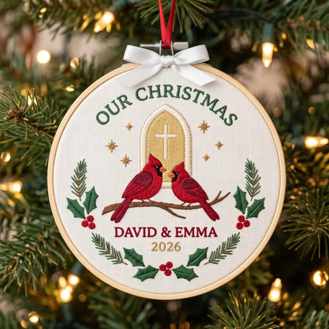 Personalized Cardinal Couple Cross Church Holly Wreath Custom Name Year Christmas Embroidered Ornament — Christmas ornament
