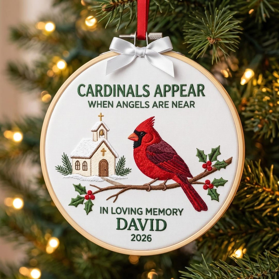 Personalized Cardinals Appear When Angels Are Near Memorial Cardinal Church Holly Embroidered Christmas Ornament — Christmas ornament