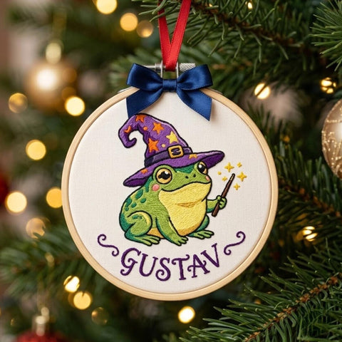 Personalized Wizard Frog Magic Wand Witch Hat Custom Name Christmas Embroidered Ornament — Christmas ornament