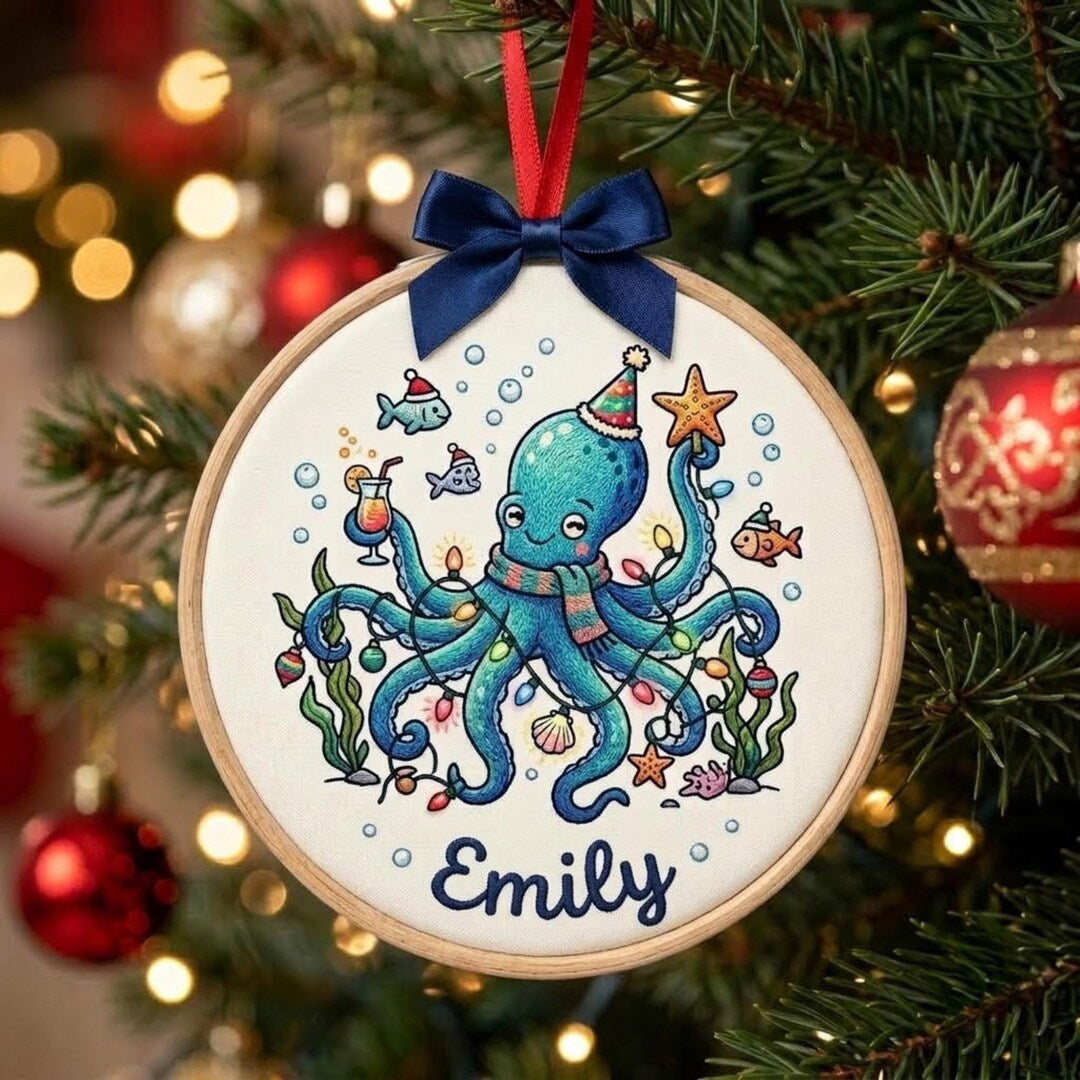 Personalized Christmas Octopus Party Hat Scarf Lights Ocean Fish Custom Name Embroidered Ornament — Christmas ornament