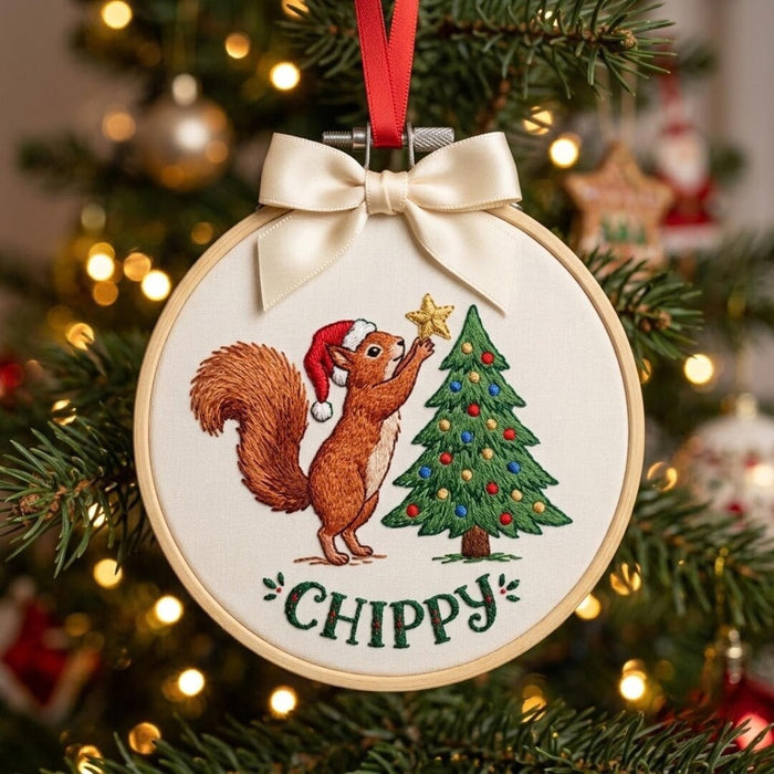 Personalized Squirrel Santa Hat Christmas Tree Star Custom Name Embroidered Ornament