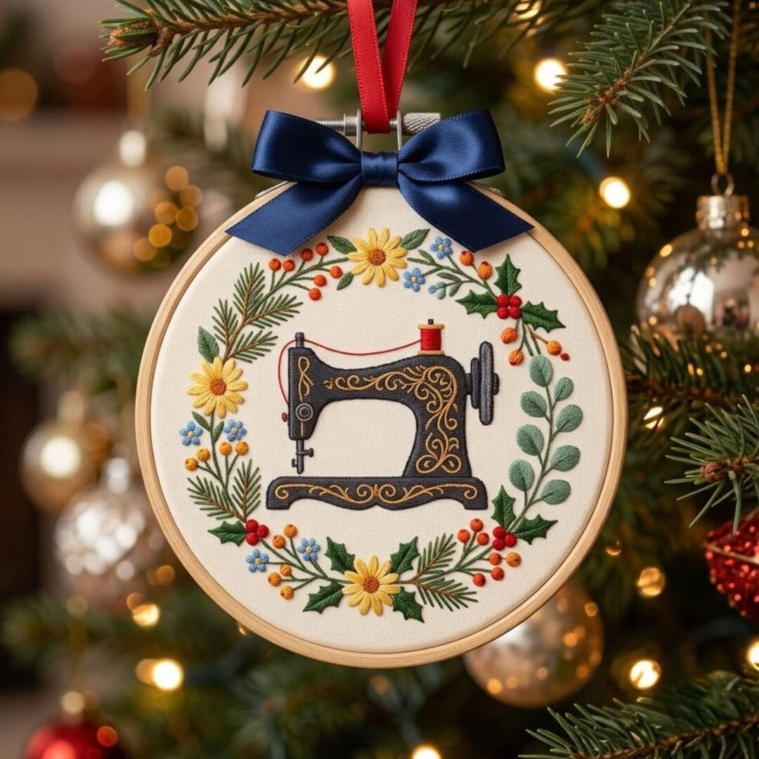 Vintage Sewing Machine Floral Wreath Christmas Embroidered Ornament — Christmas ornament