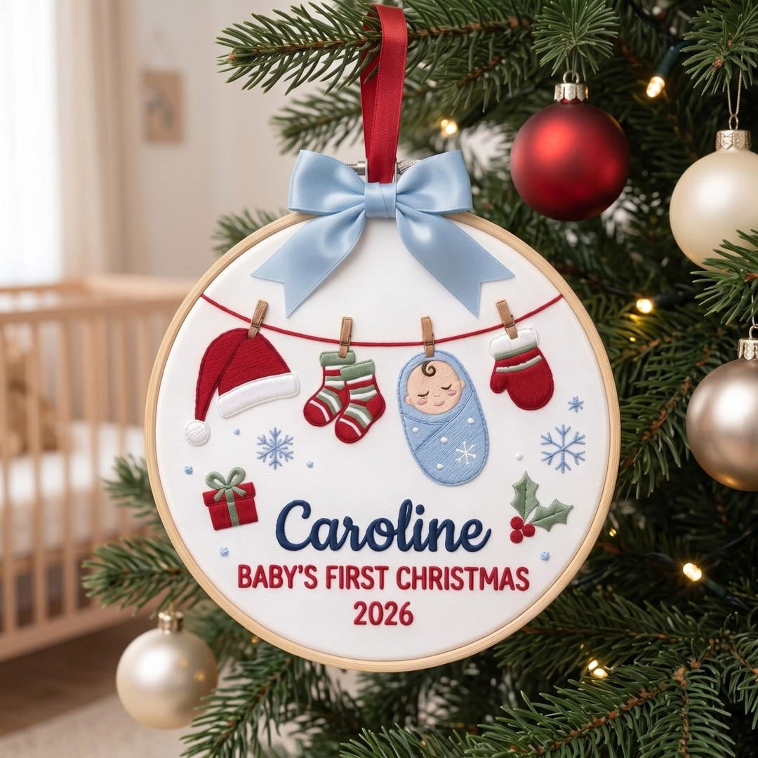 Personalized Baby's First Christmas Clothesline Santa Hat Swaddled Newborn Mittens Socks Embroidered Ornament — Christmas ornament