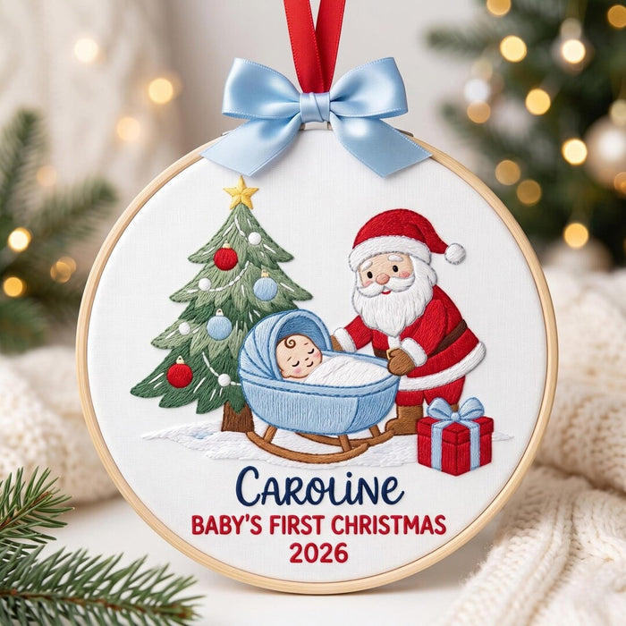 Personalized Baby's First Christmas Santa Cradle Embroidered Ornament