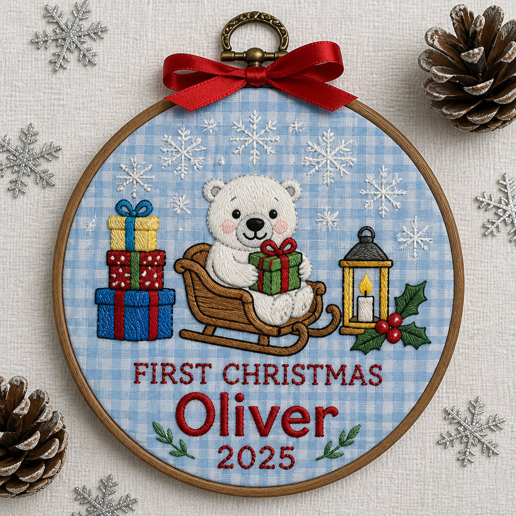 Personalized Baby First Christmas Polar Bear Sleigh Keepsake Embroidered Ornament — Christmas ornament